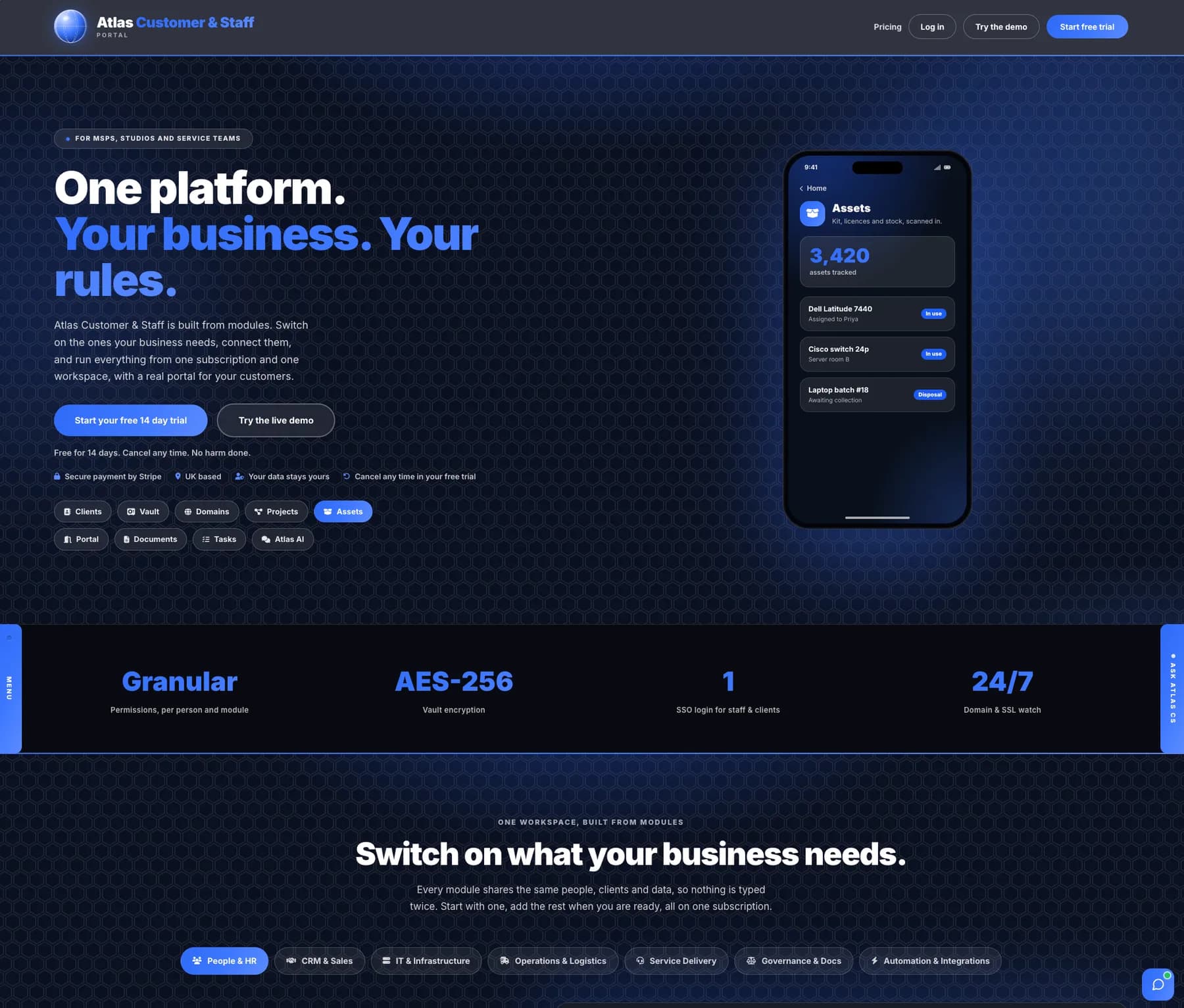 The Atlas CS platform home page showing its modules