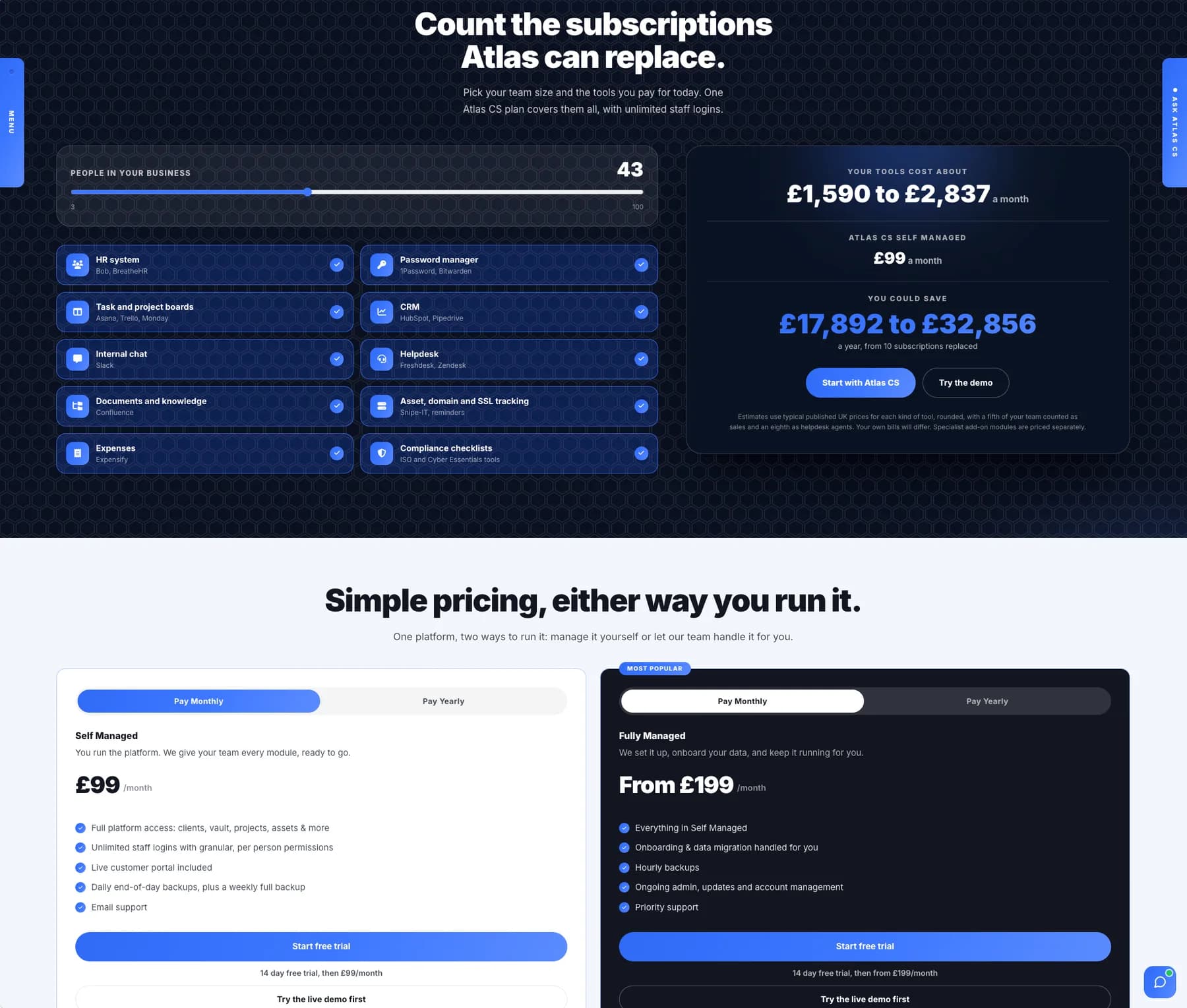 The Atlas CS subscription calculator showing tools it can replace and the monthly saving