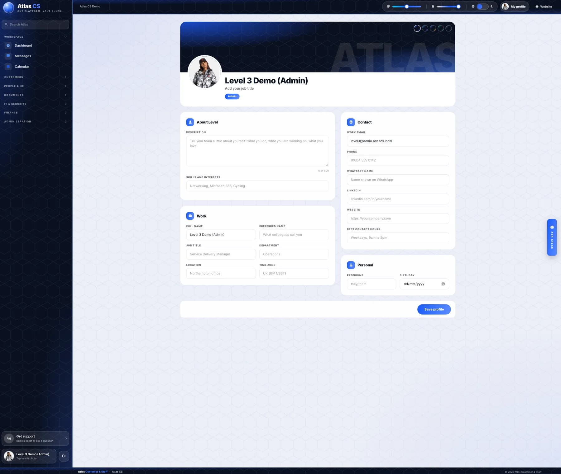 An Atlas CS staff workspace profile page