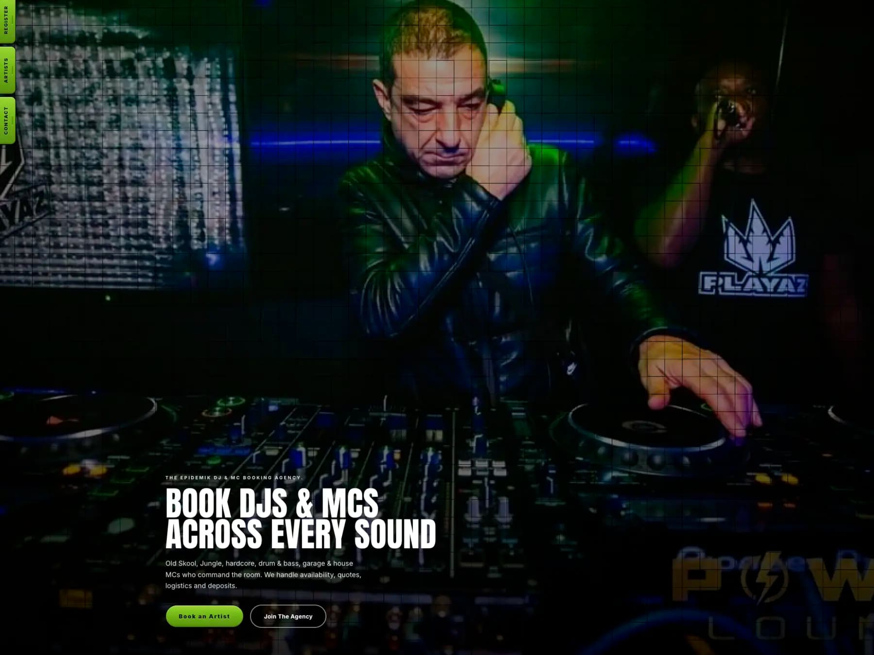 The DJ Agency website hero, a DJ at the decks and the headline Book DJs and MCs across every sound