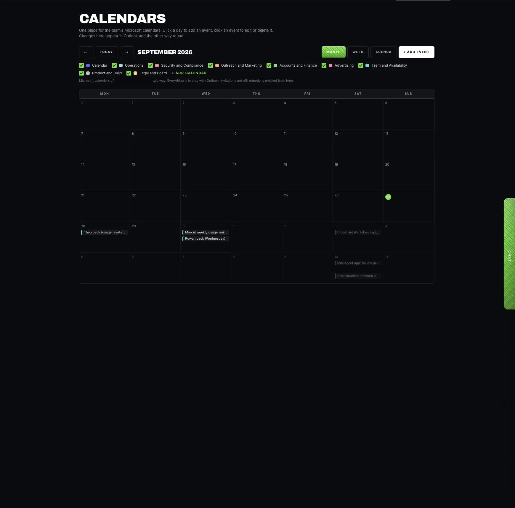 A private online directory's team calendar and tools